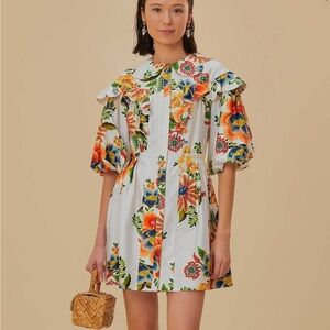 FARM Rio Orange Yellow Ruffled Midi Dress with Puff Sleeves